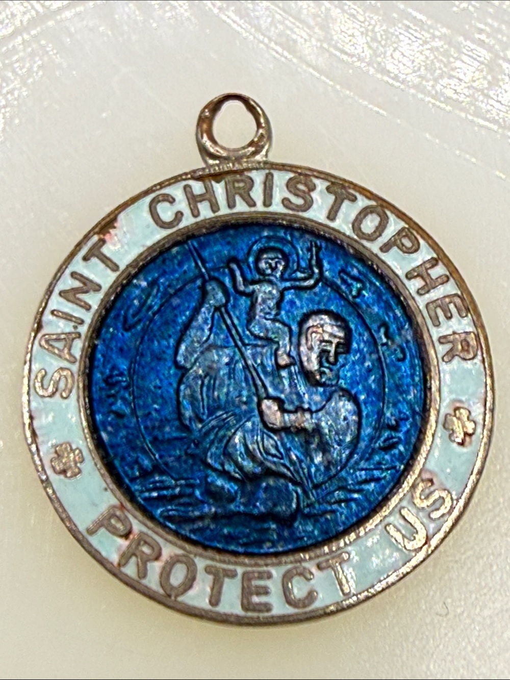 Rare 1960’s Japan Saint Christopher Enamel Medal Pendant Blue White charm